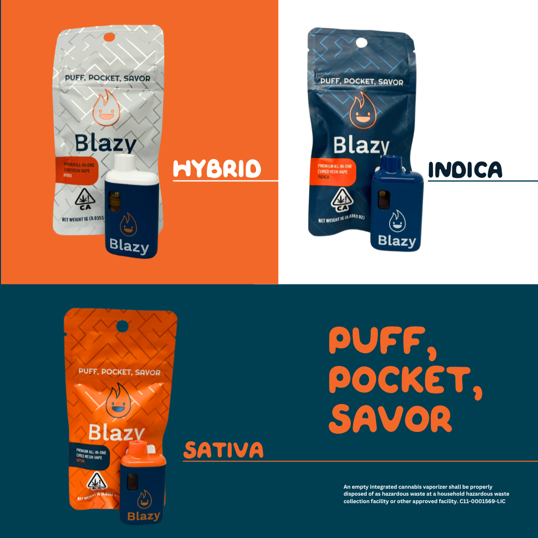 BLAZY AIO Hybrid Indica and Sativa Puff Pocket Savor 1G CURED RESIN VAPE at Perfect Union