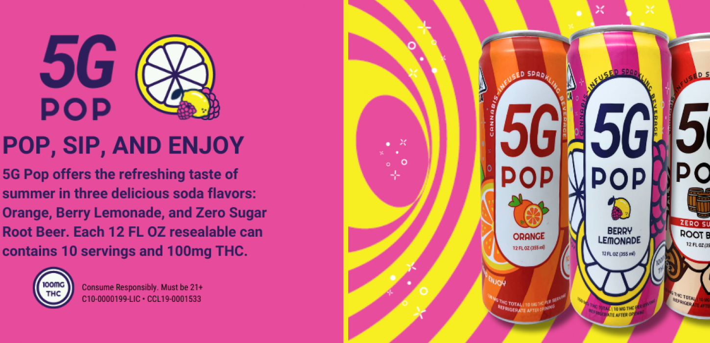 5G Pop Sip and Enjoy 3 Flavors Orange, Berry Lemonade, and Zero Sugar Root Beer, 10 Servings and 100mg THC per 12 FL OZ resealable can by 530 Grower